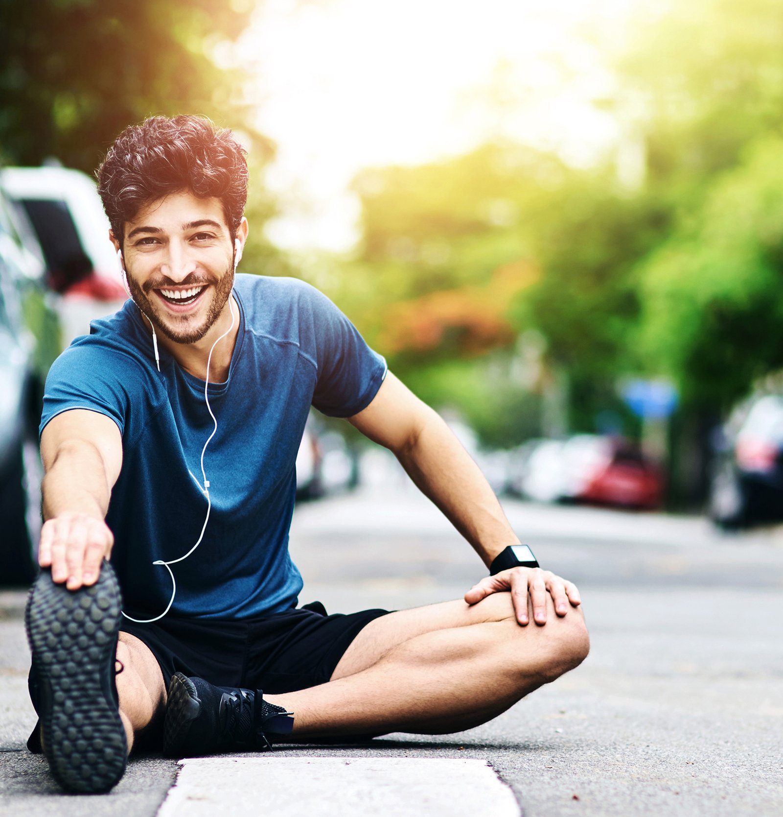 Suki Diet & Wellness Centre Fitness, portrait and stretching with man on road for start of c Suki Diet & Wellness Centre Fitness, portrait and stretching with man on road for start of c